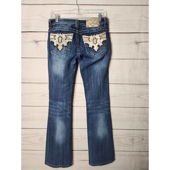 Miss Me Womens Signature Boot Jeans Denim Low Rise Cowhide Pocket Blue‎ … - Picture 2 of 7